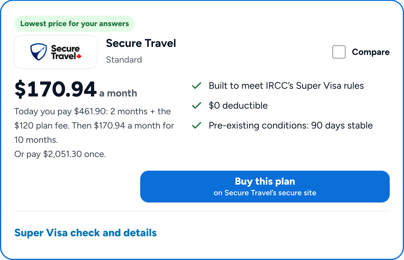 Une fiche de plan sur la page de prix Super Visa d’EGE Insurance : l’assureur, le prix par mois, ce que vous payez aujourd’hui et chaque mois, et les règles clés du plan
