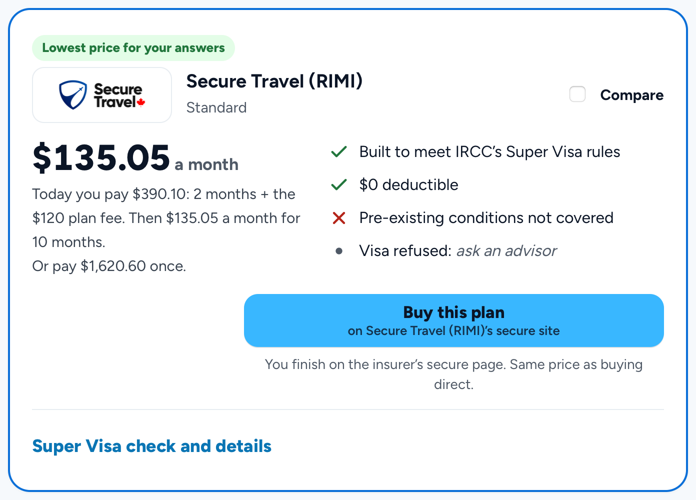A plan card on EGE Insurance’s Super Visa quote page: the insurer named, the monthly price, what is paid today and what each month, and the plan’s key rules