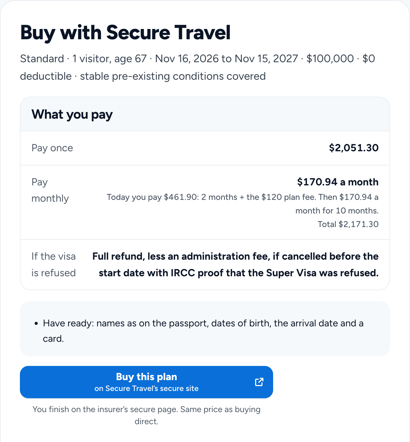 L’étape d’achat d’EGE Insurance : ce que vous payez, le remboursement si le visa est refusé, et le bouton pour finir sur le site sécurisé de l’assureur au même prix