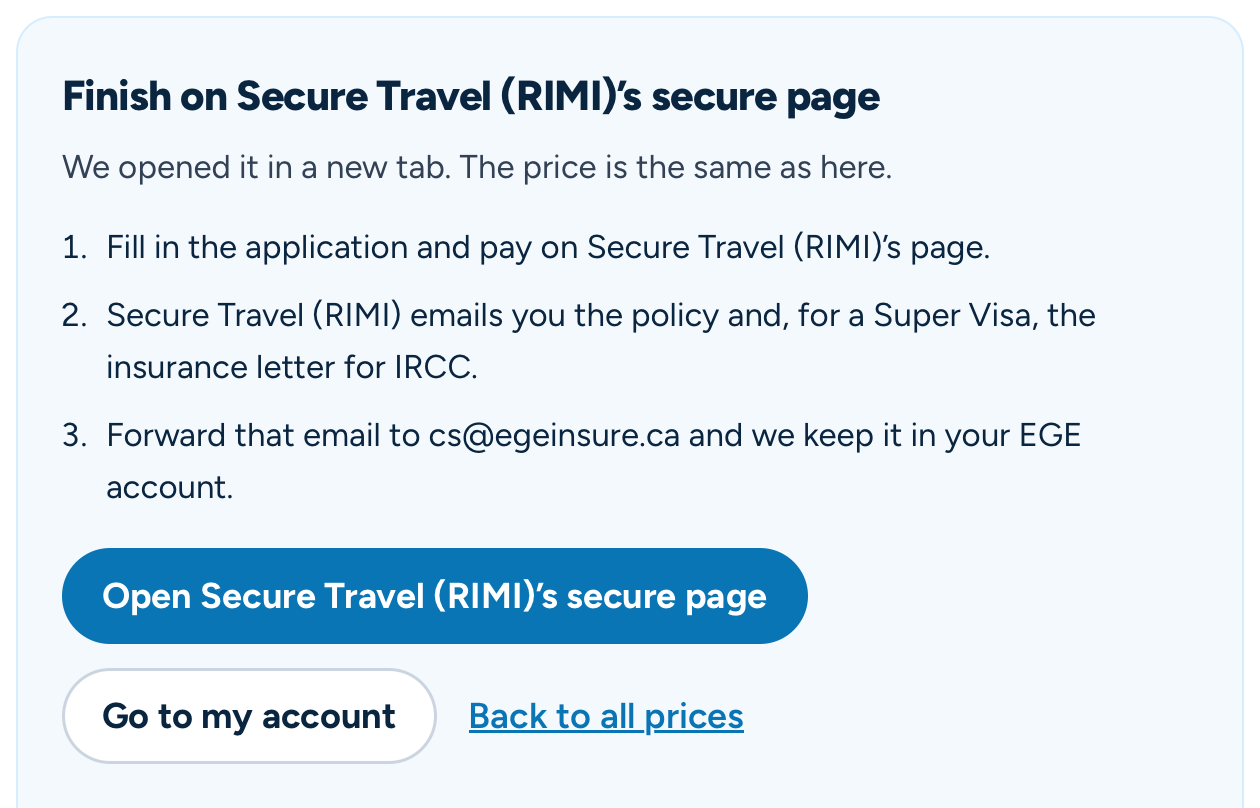 EGE Insurance’s buy step: finish on the insurer’s secure page at the same price, then forward the policy email to keep it in your EGE Insurance account