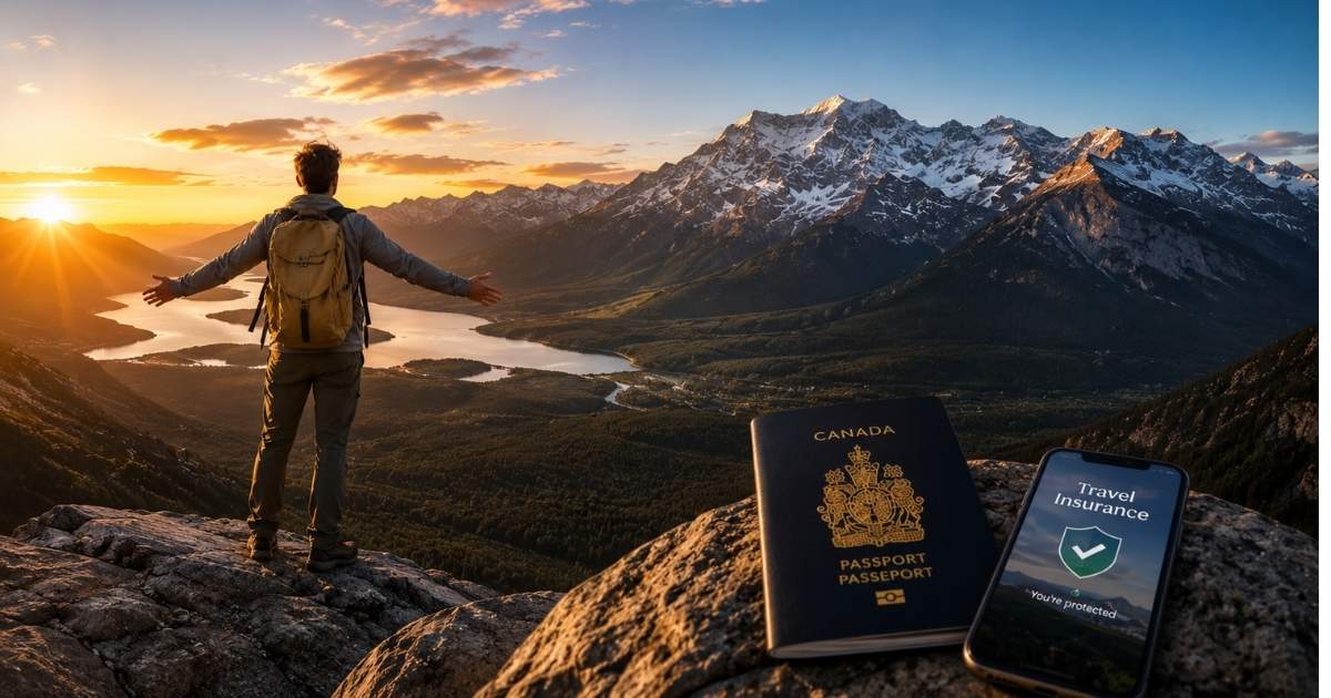 A traveller looking over mountains at sunrise