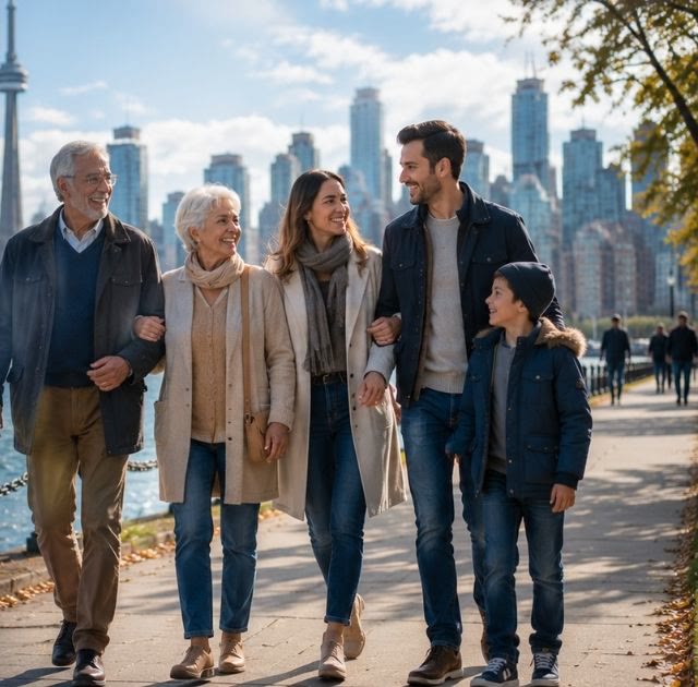 A family welcoming relatives visiting Canada